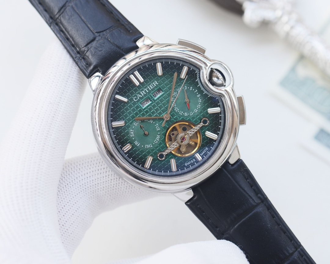 Cartier Silver Black Green Dial Leather Strap Watch