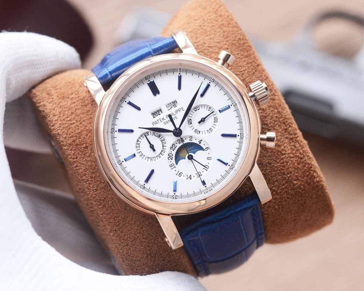 Patek Philippe Rose Gold Blue White Dial Strap Watch