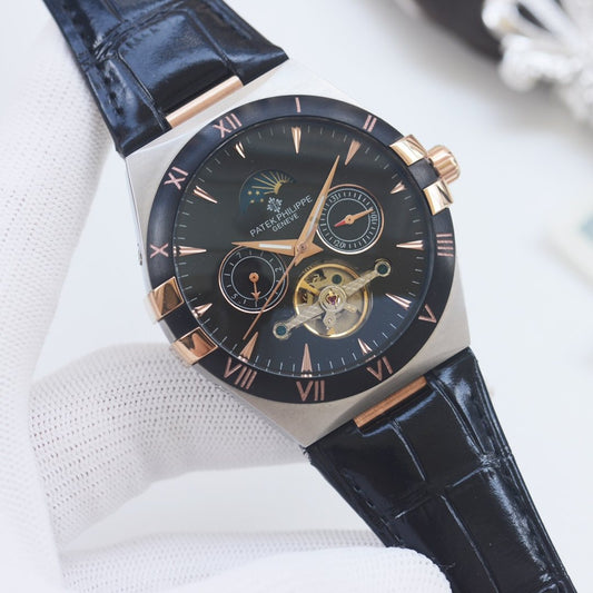 Patek Philippe Blue Rose Gold Black Dial Leather Strap Watch