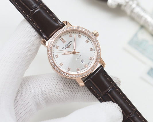 Longines Rose Gold White Dial Brown Strap Watch
