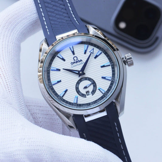 Omega Silver Blue White Dial Leather Strap Watch