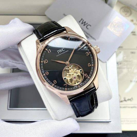 IWC Rose Gold Black Dial Strap Watch