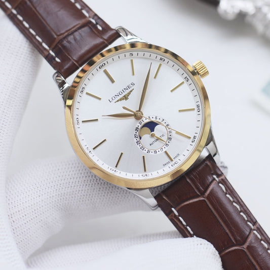 Longines Gold Brown White Dial Strap Watch