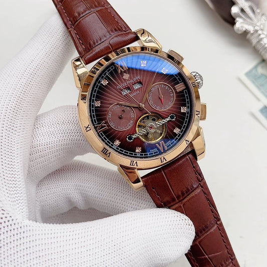 Patek Philippe Burgundy Dial Leather Strap Watch