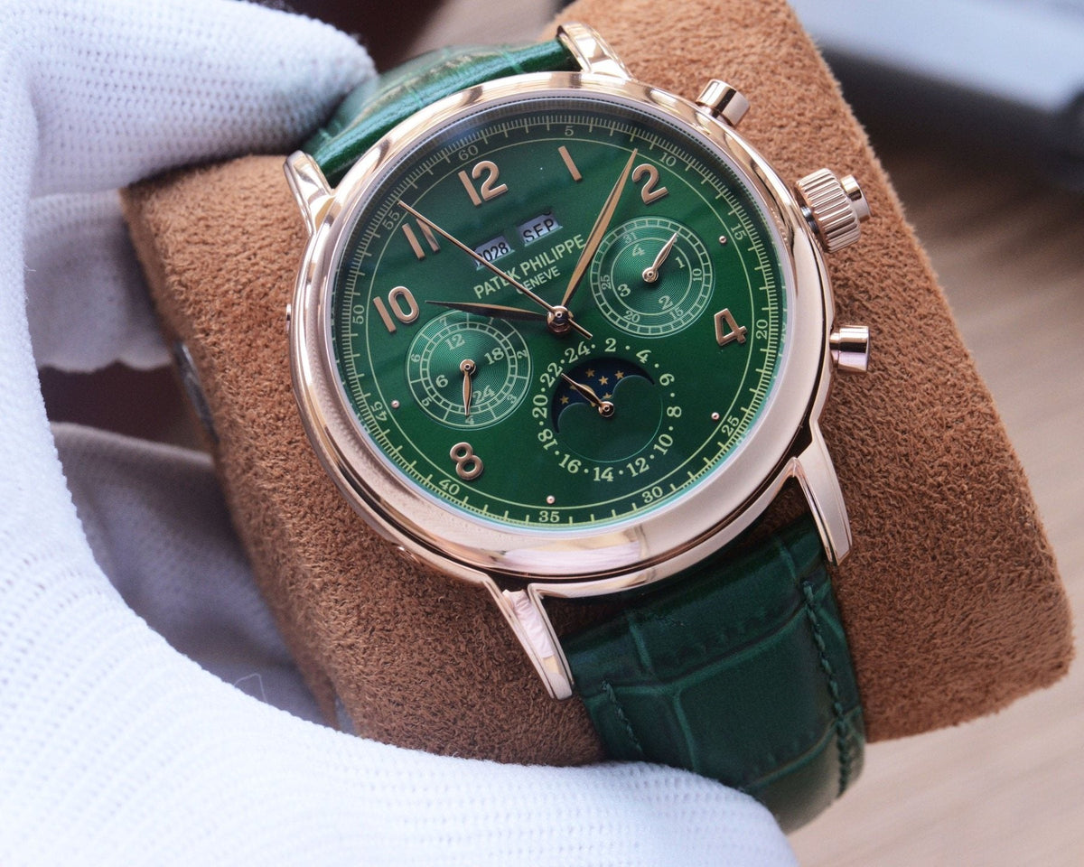 Patek Philippe Rose Gold Green Dial Strap Watch