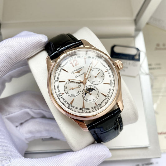 Longines Rose Gold Black White Dial Leather Strap Watch