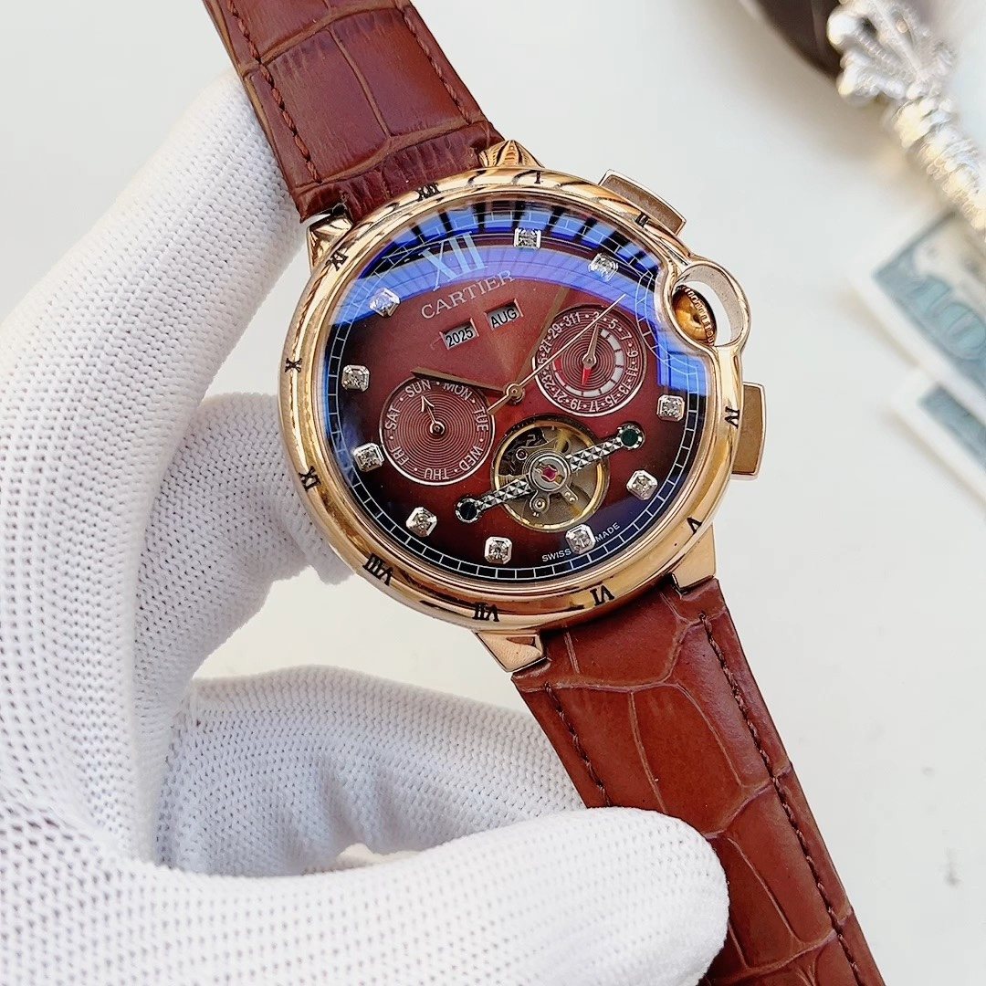 Cartier Burgundy Dial Brown Leather Strap Watch
