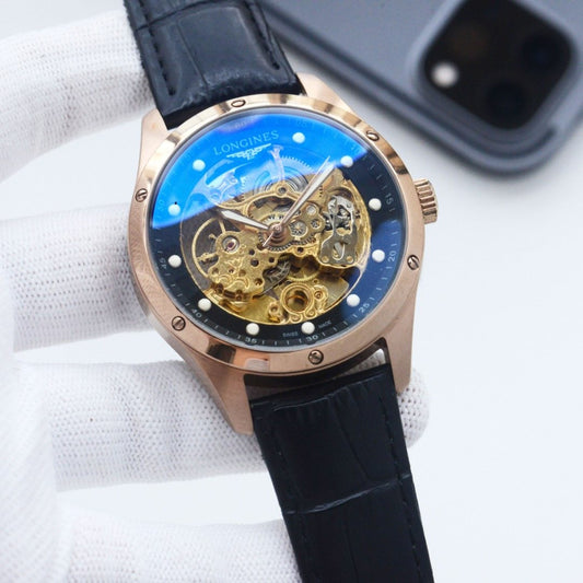 Longines Rose Gold Black Leather Strap Watch