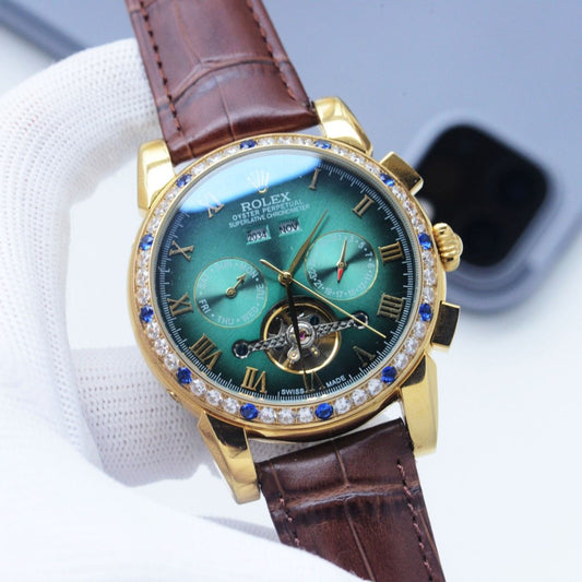 Rolex Gold Brown Green Dial Strap Watch