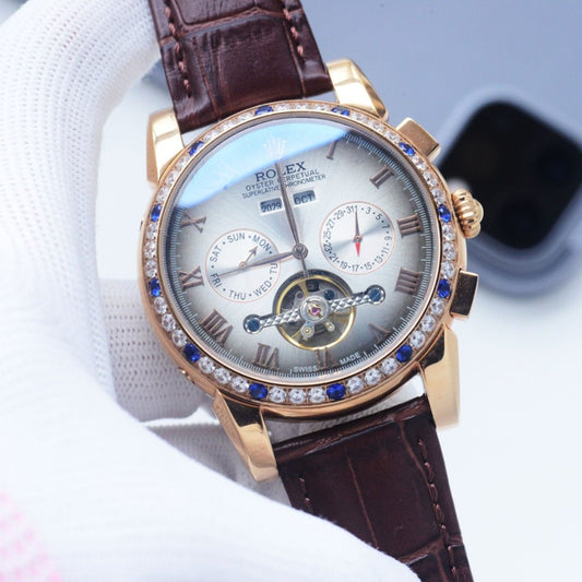 Rolex Rose Gold Brown White Dial Strap Watch