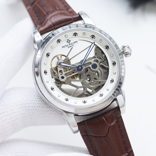 Patek Philippe Silver Brown Leather Strap Watch