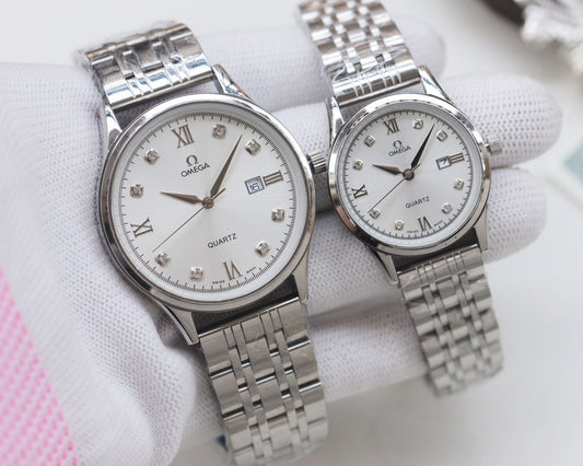 Omega Two-Tone White Dial Bracelet Couple Watch Set