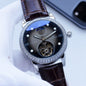 Patek Philippe Silver Brown Blue Dial Leather Strap Watch