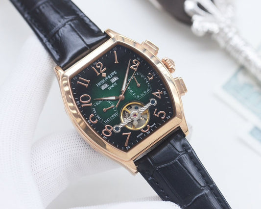 Patek Philippe Rose Gold Black Green Dial Strap Watch