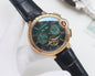 Cartier Black Rose Gold Green Dial Leather Strap Watch