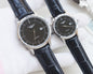 Silver Black Dial Leather Strap Couple Watch Set