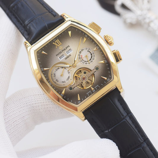 PATEK PHILIPPE Gold Black Leather Strap Watch