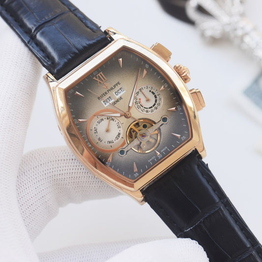 PATEK PHILIPPE Rose Gold Black Leather Strap Watch