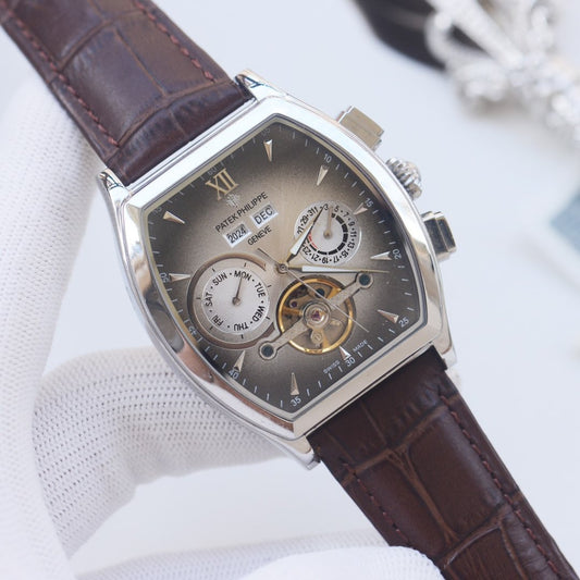 PATEK PHILIPPE Silver Brown Leather Strap Watch